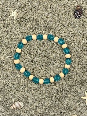 Teal Bead & Cream Wood Stretch Bracelet